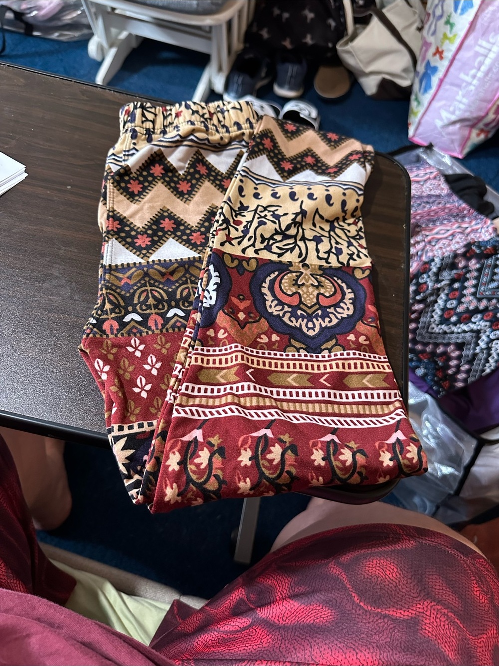 WinWin Fleece Lined Multicolor Boho Print Leggings - Red, Beige, Navy